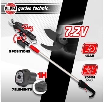 Sécateur rechargeable 7.2V lithium avec perche télescopique