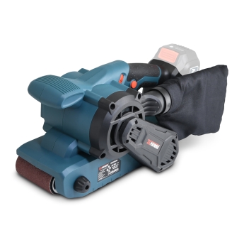 Ponceuse à bande sans fil 20V avec vitesse variable et moteur brushless livrée sans batterie ni chargeur.