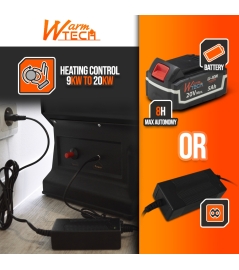 Gasgestookt warmtepistool instelbaar van 9 tot 20 kW en werkt op batterijen of op netstroom