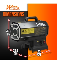 Gasgestookt warmtepistool instelbaar van 9 tot 20 kW en werkt op batterijen of op netstroom