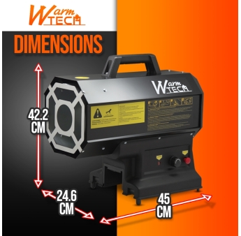 Gasgestookt warmtepistool instelbaar van 9 tot 20 kW en werkt op batterijen of op netstroom