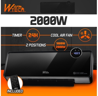 Radiateur céramique mural oscillant 2000W avec façade en verre