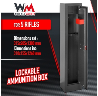 Armoire à fusils 315X205X1380mm avec coffre intérieur - 5 fusils