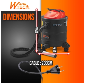 Vide cendres 1200W 20L avec soufflerie, fonction décolmatage et roues