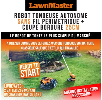 Robot tondeuse autonome 24V sans fil périmétrique - Le robot le plus simple du marché + Coupe bordures 24v et 2 batteries