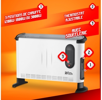 Convecteur électrique mobile 3000W avec soufflerie - 3 positions