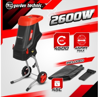 Broyeur de végétaux électrique 2600W avec sac récupérateur de 45L