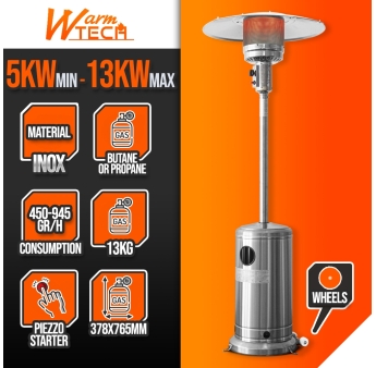 Terrasverwarming op gas 13 kW in roestvrij staal met wielen