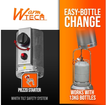 Terrasverwarming op gas 13 kW in roestvrij staal met wielen