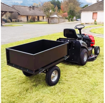 Remorque pour tracteur tondeuse avec benne basculante - charge max 225kg.