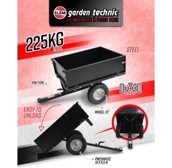 Remorque pour tracteur tondeuse avec benne basculante - charge max 225kg.