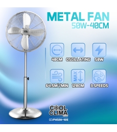Metalen staande ventilator van 50 W, diameter 40 cm.