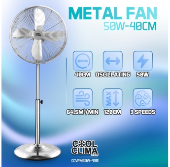 Metalen staande ventilator van 50 W, diameter 40 cm.
