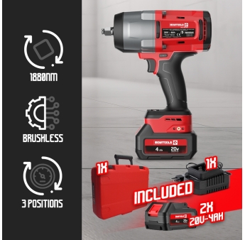 Boulonneuse à chocs brushless sur batterie 20V – 1880Nm – 2 batteries 4Ah + chargeur rapide. 