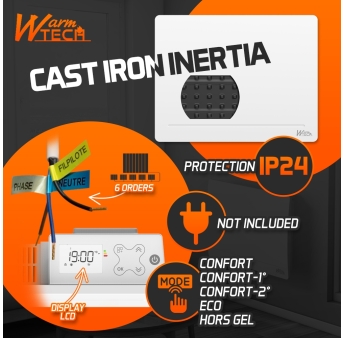 Gietijzeren radiator met inertie 1000 W - IP24 - NF - 6-standen pilootdraad.